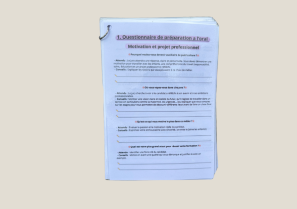 Pack de préparation à l’entretien oral pour auxiliaire de puériculture avec fiches méthodologiques, questions types et espace de rédaction.